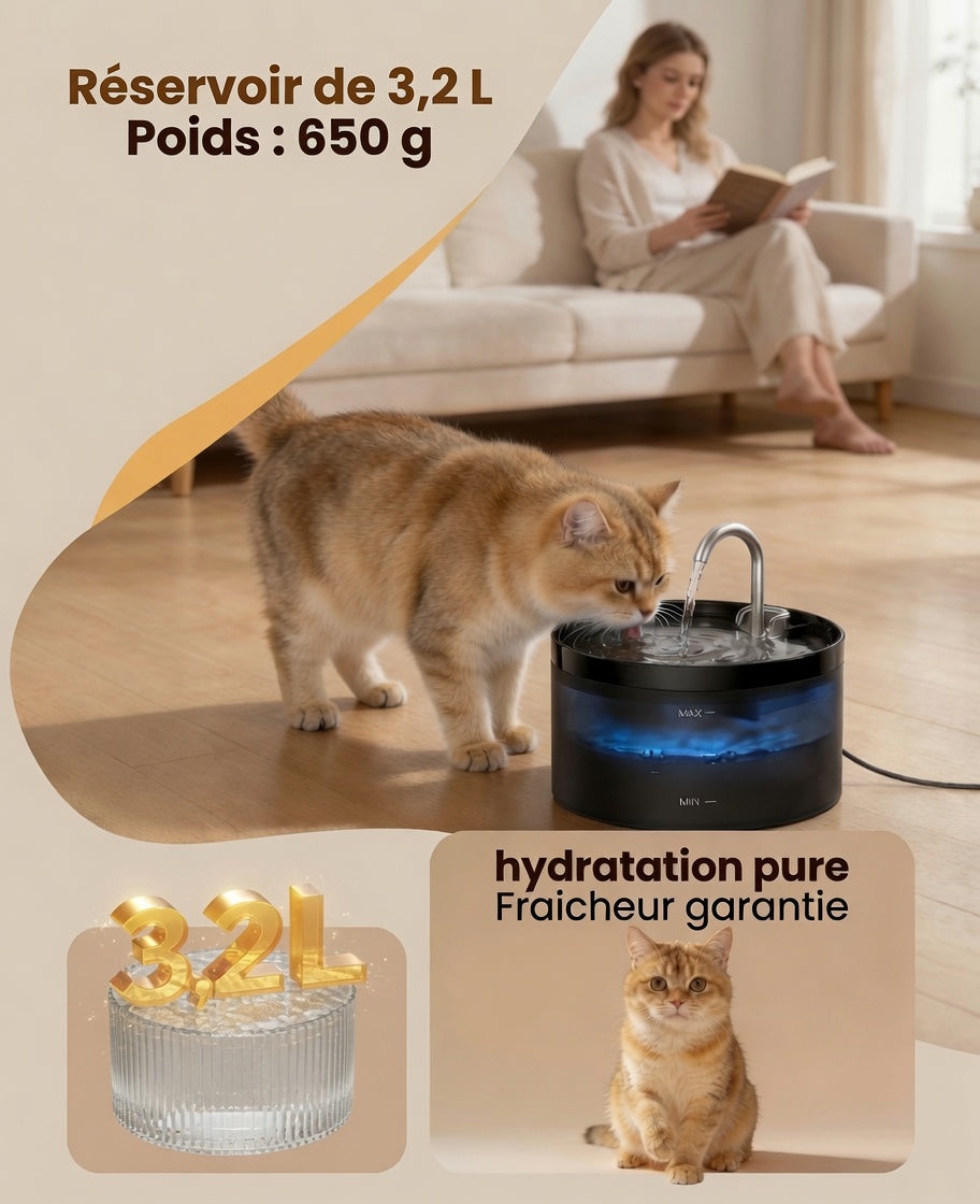 HydraPoilu™ – Fontaine Design Robinet 3,2L | Ultra-Silencieuse ≤25 dB & Filtration Multi-Étages | Noire