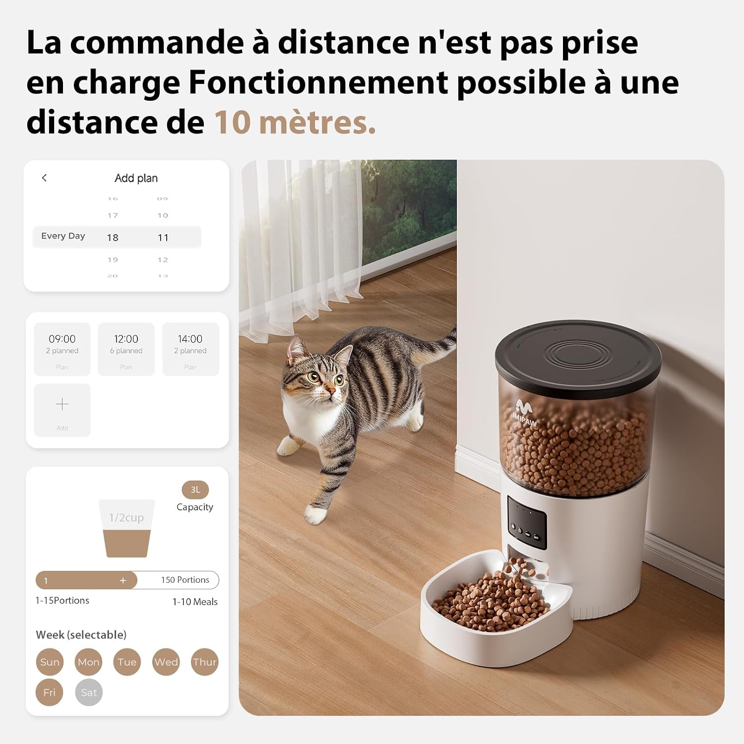 Distributeur Croquettes Chat Automatique 3L - Alimentation Précise, Contrôle Facile via App, 1-10 Repas Par Jour, Convient Aux Chats Et Petits Chiens, Blanc