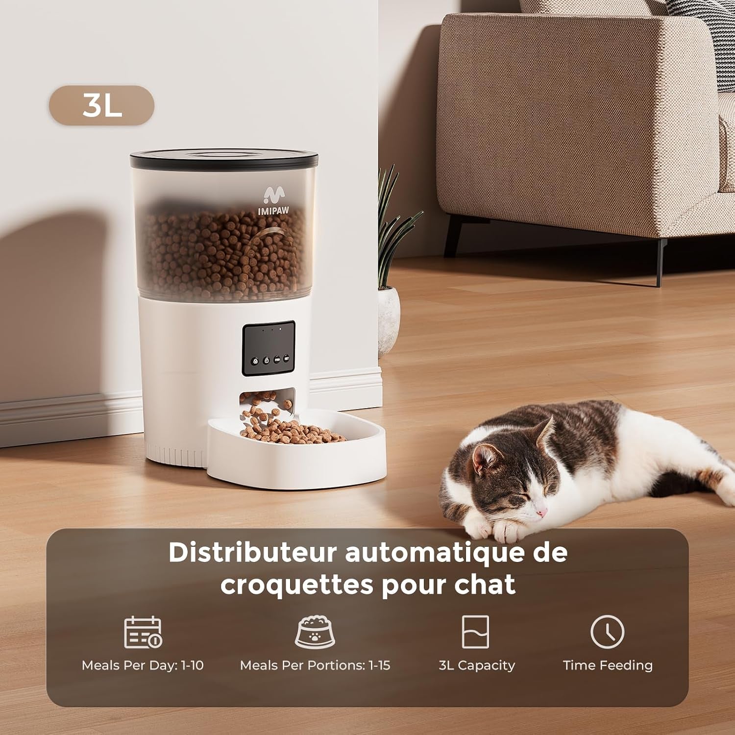 Distributeur Croquettes Chat Automatique 3L - Alimentation Précise, Contrôle Facile via App, 1-10 Repas Par Jour, Convient Aux Chats Et Petits Chiens, Blanc