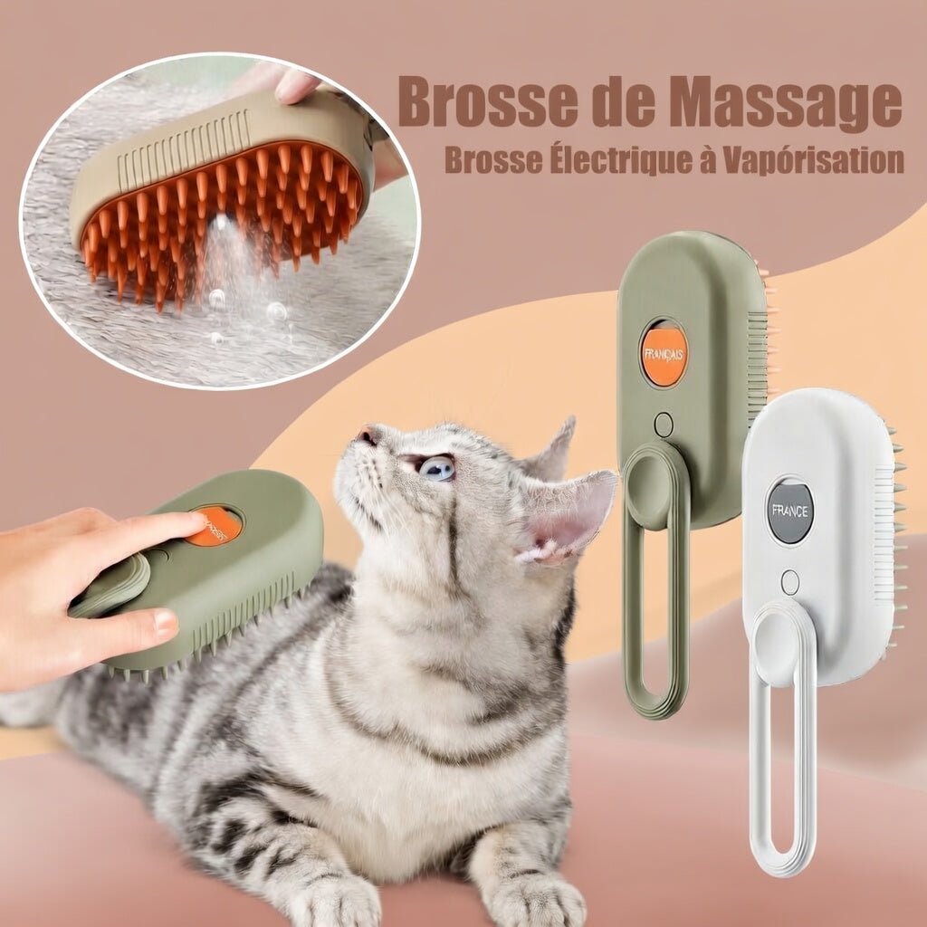 Massage Poilu™ – Brosse Vapeur 3-en-1 | Toilettage Doux Sans Stress & Anti-Poils Volants