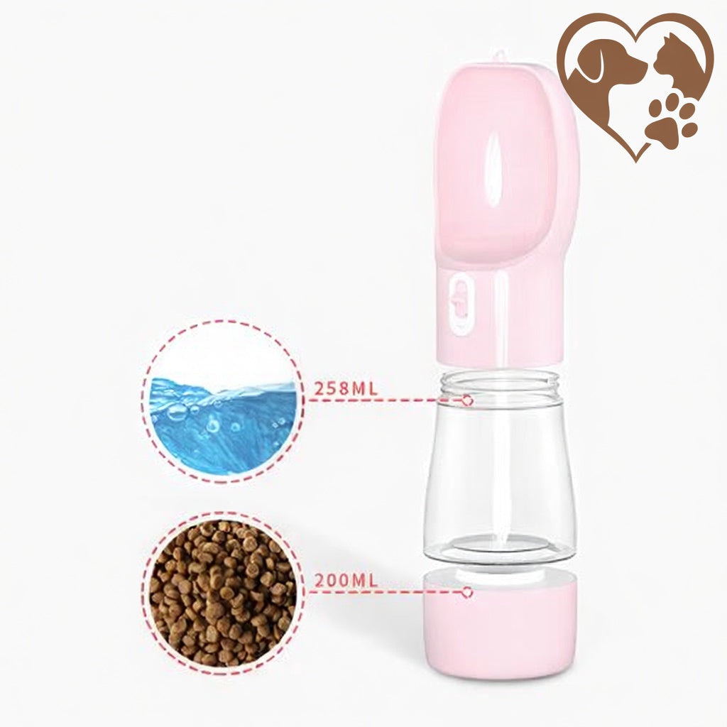 Aventure Poilu™ – Gourde 2-en-1 Portable | Eau 258 ml + Croquettes 200 ml | Anti-Fuite & Bol Intégré