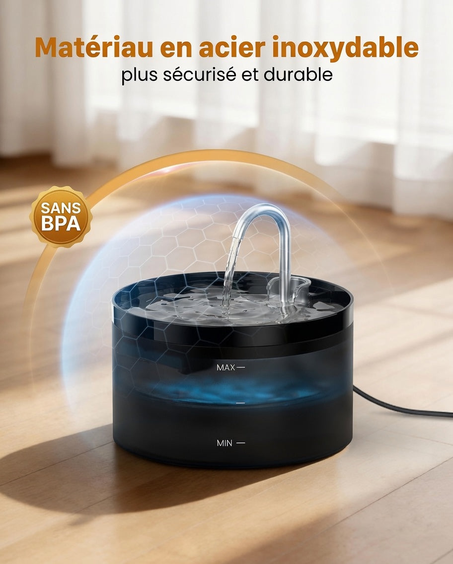 HydraPoilu™ – Fontaine Design Robinet 3,2L | Ultra-Silencieuse ≤25 dB & Filtration Multi-Étages | Noire