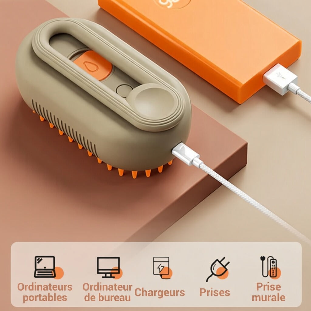 Massage Poilu™ – Brosse Vapeur 3-en-1 | Toilettage Doux Sans Stress & Anti-Poils Volants